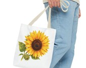 Sunflower Botanical Watercolor Tote Bag, Yellow Floral Canvas Carryall Bag, in-room view (Bill Shew)