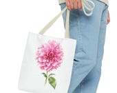 Pink Dahlia Botanical Watercolor Tote Bag, Floral Canvas Carryall Bag, in-room view (Bill Shew)