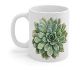 Succulent Mug, Watercolor Succulent Coffee Mug, Botanical Plant Mug, Green Echeveria Mug, detail view (Bill Shew)