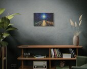 Indigo Pier Lamplight Canvas Print, Moody Coastal Night Wall Art, close-up (Bill Shew)