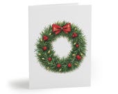 Christmas Wreath Greeting Card, Watercolor Holiday Card, Evergreen Wreath with Red Bow by Bill Shew