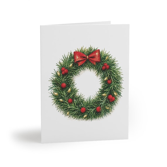 Christmas Wreath Greeting Card, Watercolor Holiday Card, Evergreen Wreath with Red Bow by Bill Shew