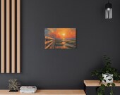 Marsh Boardwalk Canvas Print, Sunset Wetland Coastal Wall Art, Bold Angular Digital Art, in-room view (Bill Shew)