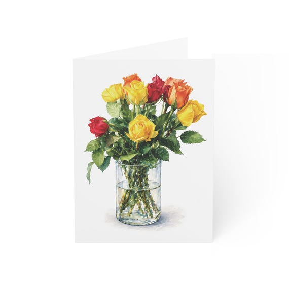 Yellow and Red Rose Bouquet Card, Digital Art Print, Botanical Card, Blank Inside, Bill Shew wall art print