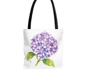 Purple Hydrangea Watercolor Tote Bag, Botanical Floral Shoulder Bag, detail view (Bill Shew)