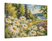 Daisy Field Lakeside Sailboats Canvas Print, Textured Landscape Wall Art, detail view (Bill Shew)
