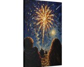 Beach Fireworks Canvas Print, Night Sky Celebration Digital Art Print, Coastal Wall Art, Canvas Wall Decor, detail view (Bill Shew)