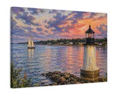 Lighthouse Sailboat Canvas Print, Coastal Sunset Wall Art, detail view (Bill Shew)
