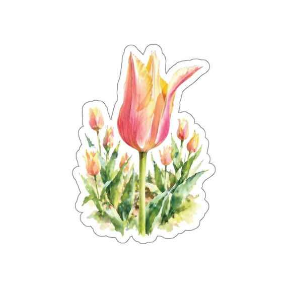 Tulip Sticker, Pink Yellow Tulip Die Cut Sticker, Watercolor Flower Sticker by Bill Shew
