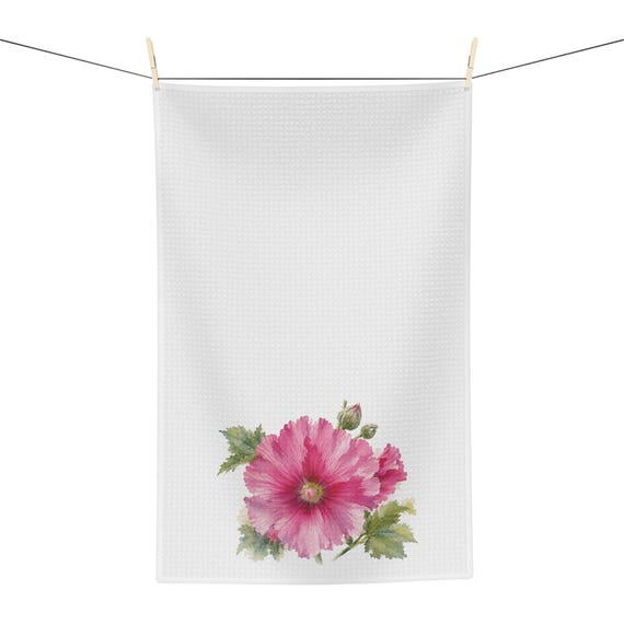 Pink Rose of Sharon Botanical Watercolor Tea Towel, Floral Kitchen Towel by Bill Shew