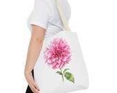 Pink Dahlia Botanical Watercolor Tote Bag, Floral Canvas Carryall Bag, in-room view (Bill Shew)
