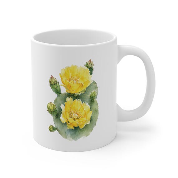 Yellow Prickly Pear Cactus Mug, Cactus Flower Coffee Mug, Watercolor Cactus Mug by Bill Shew