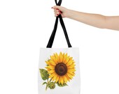 Sunflower Botanical Watercolor Tote Bag, Yellow Floral Canvas Carryall Bag, close-up (Bill Shew)