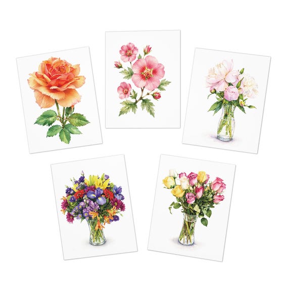 Watercolor Floral Note Card Set, 5 Assorted Rose Bouquet Cards, Digital Art Print, Blank Inside for Any Occasion, Bill Shew wall art print