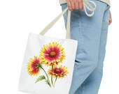 Blanket Flower Botanical Watercolor Tote Bag, Red & Yellow Floral Canvas Carryall, in-room view (Bill Shew)