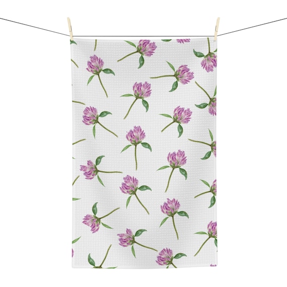 Red Clover Botanical Watercolor Tea Towel, Cottage Garden Floral Kitchen Towel by Bill Shew