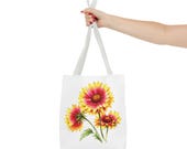 Blanket Flower Botanical Watercolor Tote Bag, Red & Yellow Floral Canvas Carryall, detail view (Bill Shew)