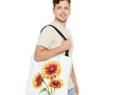Blanket Flower Botanical Watercolor Tote Bag, Red & Yellow Floral Canvas Carryall, close-up (Bill Shew)