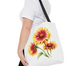 Blanket Flower Botanical Watercolor Tote Bag, Red & Yellow Floral Canvas Carryall, framing detail (Bill Shew)