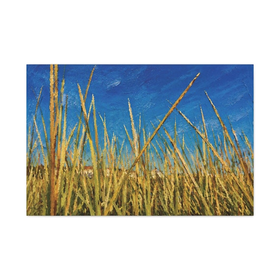 Dune Grass Canvas Print, Golden Blue Sky Coastal Digital Art Print, Beach Wall Art, Canvas Wall Decor, Bill Shew wall art print
