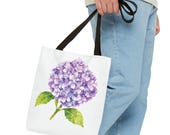 Purple Hydrangea Watercolor Tote Bag, Botanical Floral Shoulder Bag, in-room view (Bill Shew)