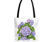 Purple Hydrangea Watercolor Tote Bag | Botanical Floral Carryall (100% Polyester), detail view (Bill Shew)