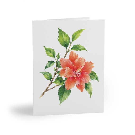 8 cards - Coral Hibiscus Watercolor Card, Tropical Botanical Floral Illustration by Bill Shew