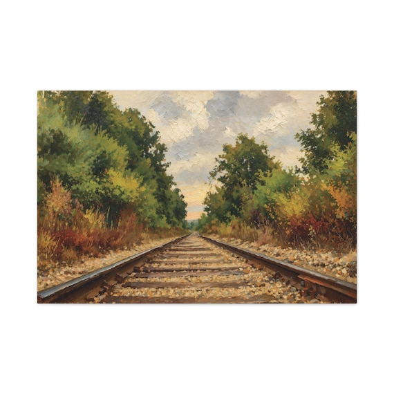 Railroad Tracks Canvas Print, Golden Autumn Trees Digital Art Print, Nature Wall Art, Canvas Wall Decor., Bill Shew wall art print