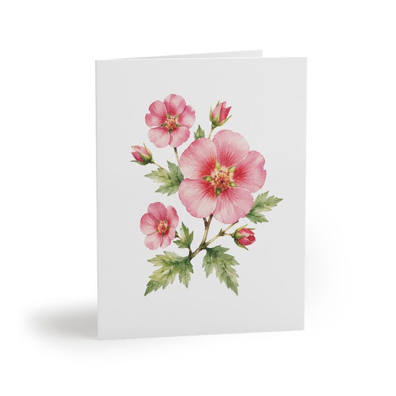 8 cards - Pink Rose of Sharon Botanical Watercolor Greeting Card by Bill Shew