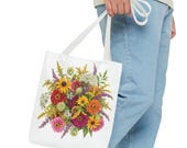 Wildflower Bouquet Tote Bag | Colorful Floral Shoulder Bag (100% Polyester), framing detail (Bill Shew)