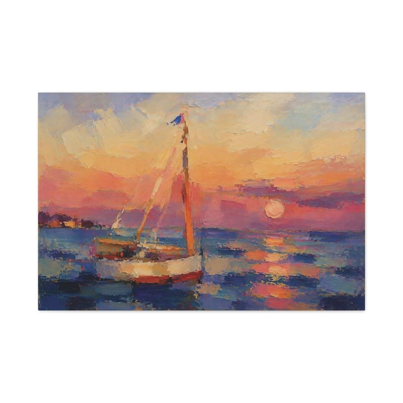 Pink Sky Sailboat Canvas Print, Harbor Sunset Digital Art Print, Coastal Wall Art, Canvas Wall Decor, Bill Shew wall art print