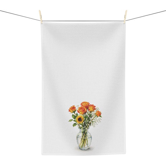 Orange Rose & Sunflower Botanical Watercolor Tea Towel, Floral Kitchen Towel by Bill Shew