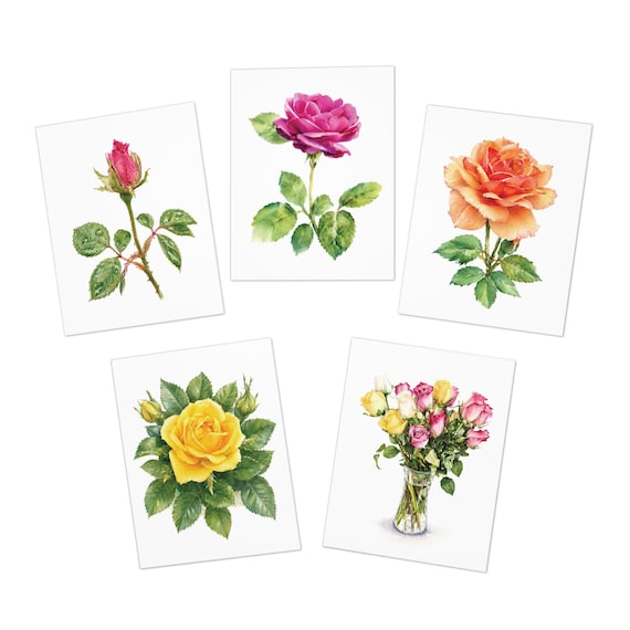 Rose Botanical Greeting Card Set of 5, Assorted Watercolor Floral Note Cards, Blank Inside by Bill Shew