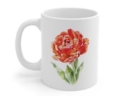 Orange Red Tulip Mug, Watercolor Tulip Coffee Mug, Double Tulip Flower Mug, detail view (Bill Shew)