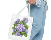 Purple Hydrangea Watercolor Tote Bag | Botanical Floral Carryall (100% Polyester), framing detail (Bill Shew)