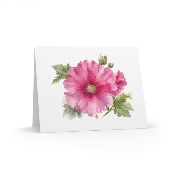 8 cards - Pink Hollyhock Watercolor Greeting Card, Botanical Flower Illustration by Bill Shew