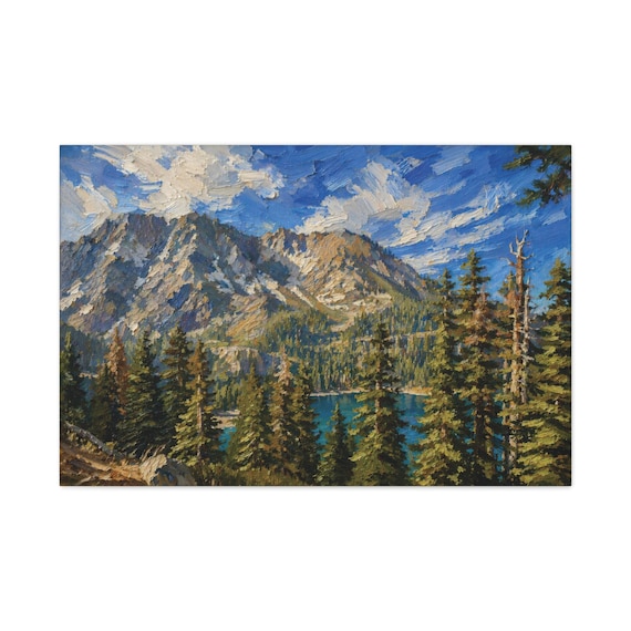 Alpine Lake Canvas Print, Mountain Pine Forest Digital Art Print, Nature Wall Art, Canvas Wall Decor, Bill Shew wall art print