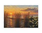 Lakeside Sunset Canvas Print, Golden Grass, Hydrangeas, Gull, Textured Brushwork Wall Art by Bill Shew