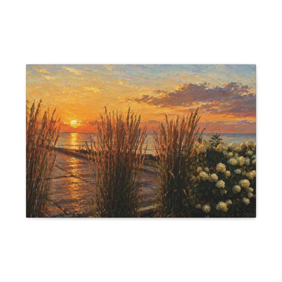 Lakeside Sunset Canvas Print, Golden Grass, Hydrangeas, Gull, Textured Brushwork Wall Art by Bill Shew
