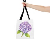 Purple Hydrangea Watercolor Tote Bag, Botanical Floral Shoulder Bag, close-up (Bill Shew)