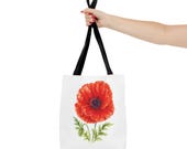 Red Poppy Botanical Watercolor Tote Bag, Floral Canvas Carryall Bag, close-up (Bill Shew)