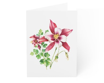 Red and White Columbine Card, Digital Art Print, Botanical Card, Blank Inside