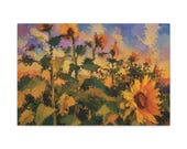 Sunflower Field Canvas Print, Purple Sunset Sky, Textured Botanical Wall Art by Bill Shew