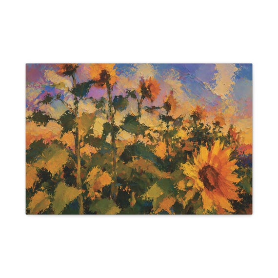 Sunflower Field Canvas Print, Purple Sunset Sky, Textured Botanical Wall Art by Bill Shew