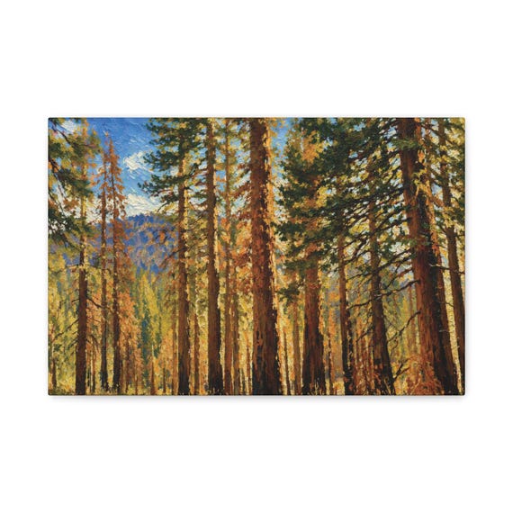 Golden Hour Pine Forest Canvas Print, Textured Mountain Wall Art, Sunlit Trees Decor by Bill Shew