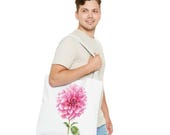 Pink Dahlia Botanical Watercolor Tote Bag, Floral Canvas Carryall Bag, detail view (Bill Shew)