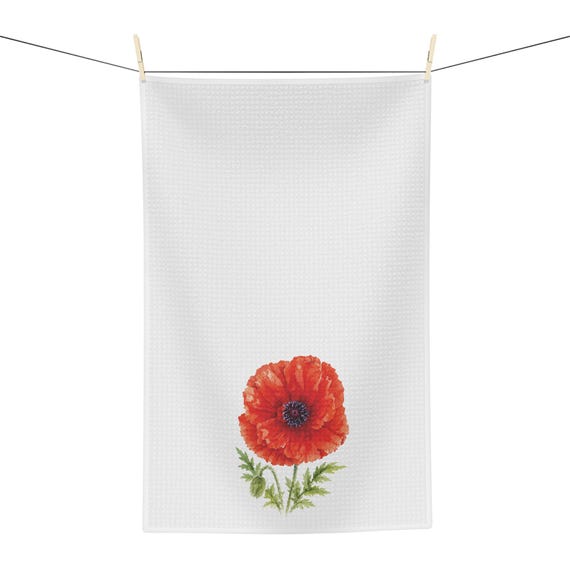 Red Poppy Botanical Watercolor Tea Towel, Floral Kitchen Towel, Cottage Garden Dish Towel by Bill Shew