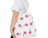 Pink Dahlia Botanical Watercolor Tote Bag, Floral Canvas Carryall, close-up (Bill Shew)