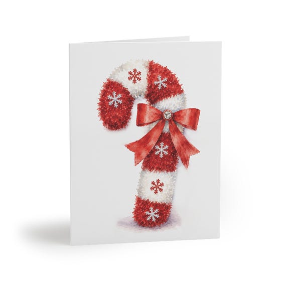 Red White Christmas Candy Cane Greeting Card, Watercolor Holiday Card by Bill Shew