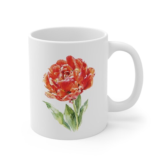 Orange Red Tulip Mug, Watercolor Tulip Coffee Mug, Double Tulip Flower Mug by Bill Shew